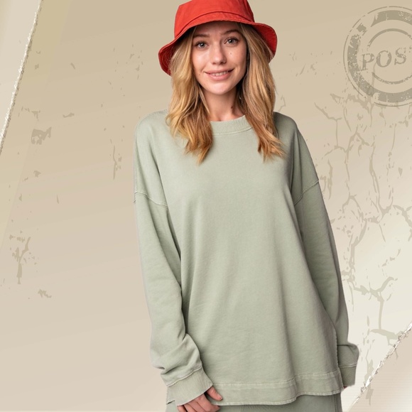 EASEL "So Comfy" Mineral Washed Tunic Top in Sage Statement Side Slits Crew Neck - Picture 3 of 14